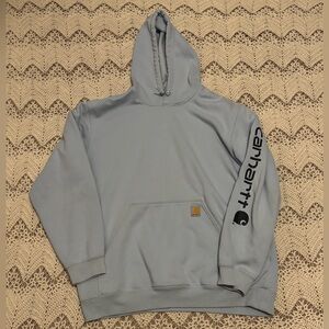 Carhartt Men's Light Blue Hoodie with Logo Sleeve XL Comfort Oversized